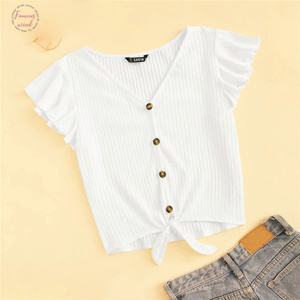 

flutter cap sleeve button up rib knit tee 2019 white sloid women t shirt 2019 chic v neck cap sleeve crop