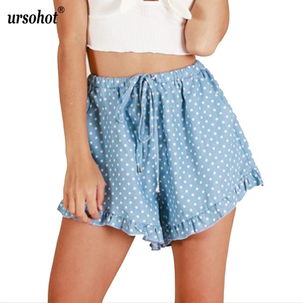 

ursofashion boho polka-dot ruffle women casual short high elastic waist drawstring belt loose shorts lady holiday beach pant, White;black