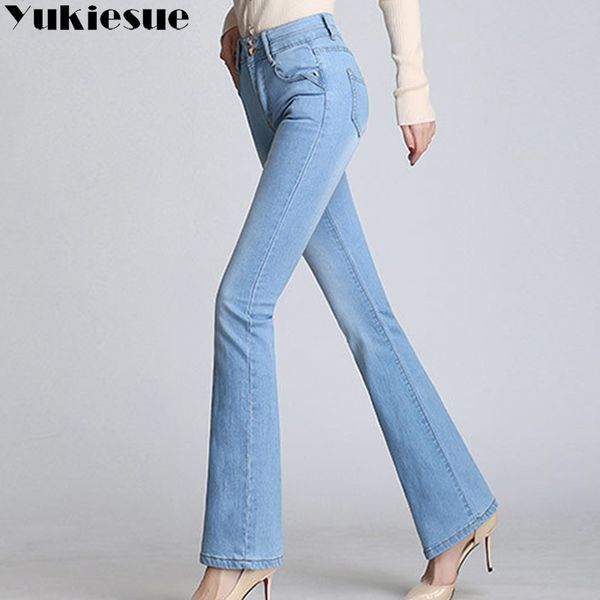 

classic with high waist denim jeans for women vintage slim mom style jeans woman denim pants flare femme, Blue