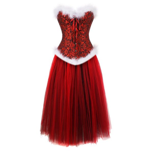 Big Miss Santa Plus Size S-6XL Halloween Kostüm Kleid Outfit Clubwear Damen Weißes Pelzbesatz Korsett Top mit langem Tüllrock Tanzkleidung