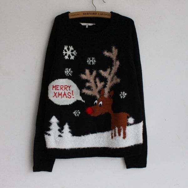 

ugly sweater christmas women deer snowflake embroidery merry xmas knitted pullover jumper autumn winter sueter mujer c89592, White;black