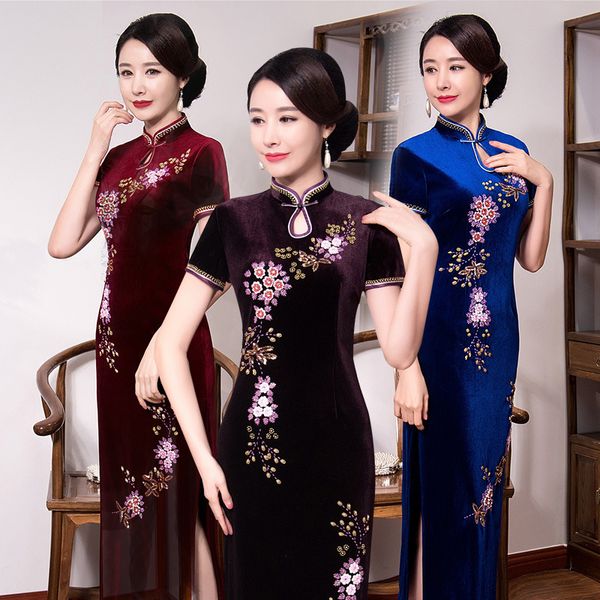 

Elegant luxurious plus size short sleeve velvet beading wine red/blue/purple long cheongsam wedding dress evening dress party dress qipao
