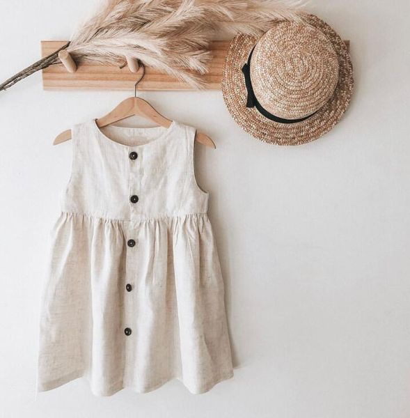 

baby girls coton linen button dress children khaki color holiday party summer clothes wholesale, Red;yellow