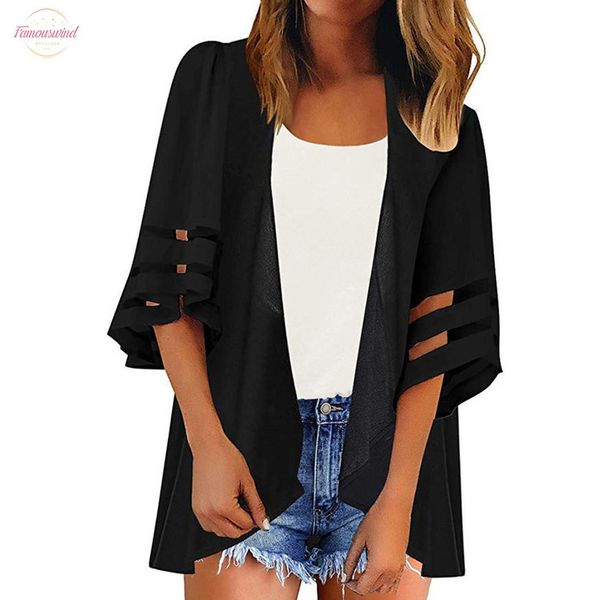 

coats and jackets women summer mesh panel 3 4 bell sleeve pure color chiffon casual loose kimono cardigan feminine coat, White
