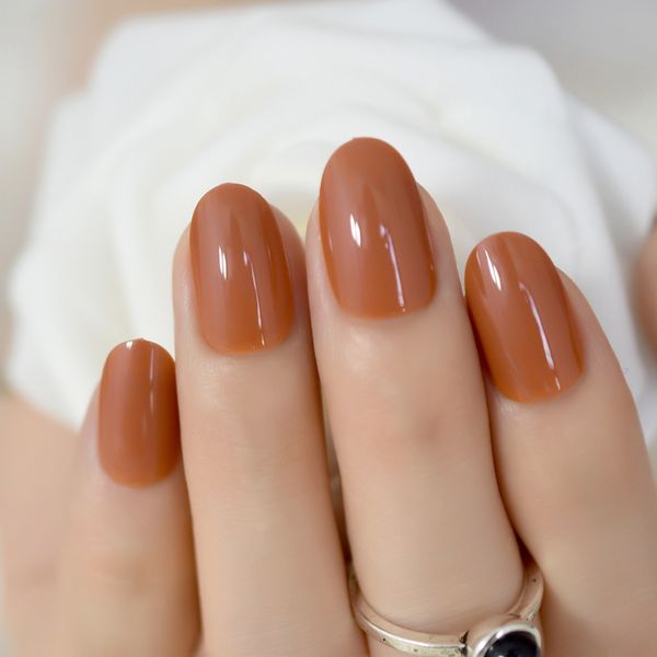 

light brown creme full fake nails oval short uv gel shiny nail art tips full cover fingernails for daily, Red;gold