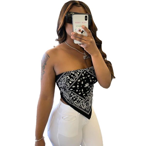 

women's stretchy paisley print bandana sleeveless fashion casual club party tube crop tank shirt, White