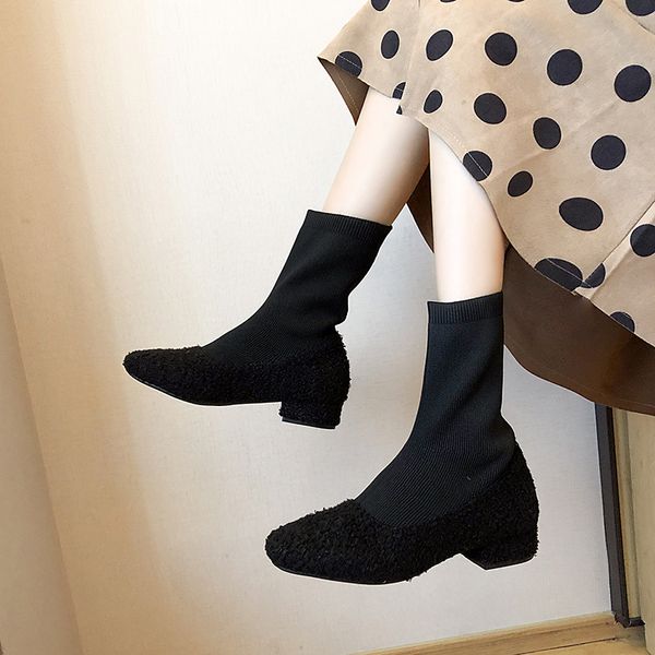 

boots socks heels mid-calf booties women shoes boots-women round toe winter footwear lace up luxury designer stockings low med, Black