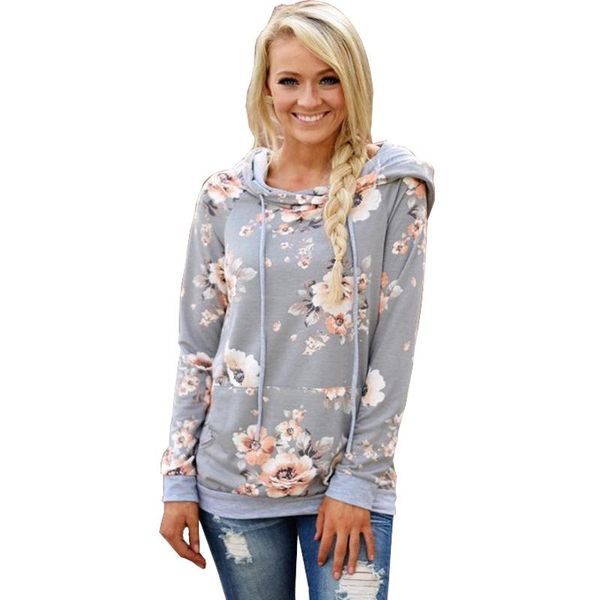 

printed floral hoodies women autumn winter new fashion casual gray hooded sweatshirt female long sleeve pullovers elegant, Black