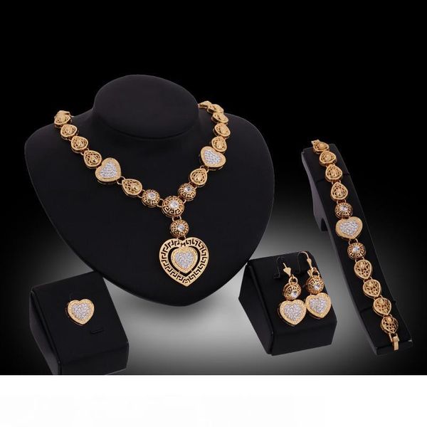 

rings earrings necklaces bracelets jewelry sets fashion rhinestone 18k gold plated hollow out alloy heart party jewelry 4-piece set js141, Slivery;golden