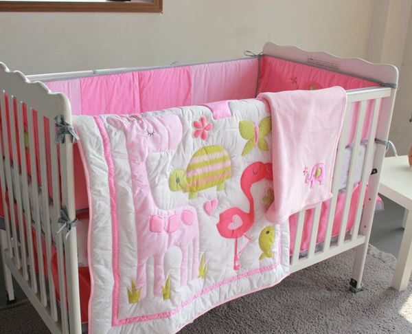 

flamingo pink 5-piece baby crib bedding set girls-bumpers,crib sheet, blanket, quilt,bumpers, crib skirt