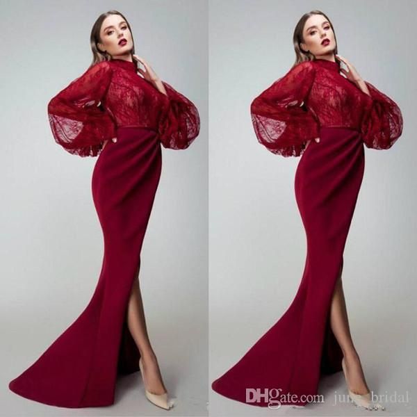

dark red simple satin mermaid evening dresses high neck lace side split evening gowns long sleeve floor length formal party gowns, Black;red