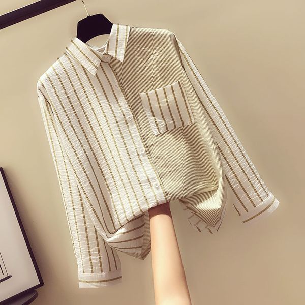 

womens long sleeve polyester striped casual blouses shirts spring summer fashion turn-down collar female casual blouse shirts, White
