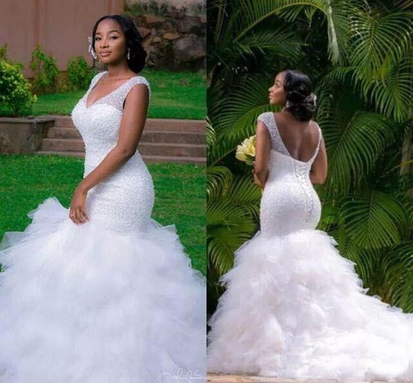 

arabic style plus size wedding dresses 2019 deep v neck beading layers mermaid wedding gowns chapel train lace up back beach bridal dresses, White