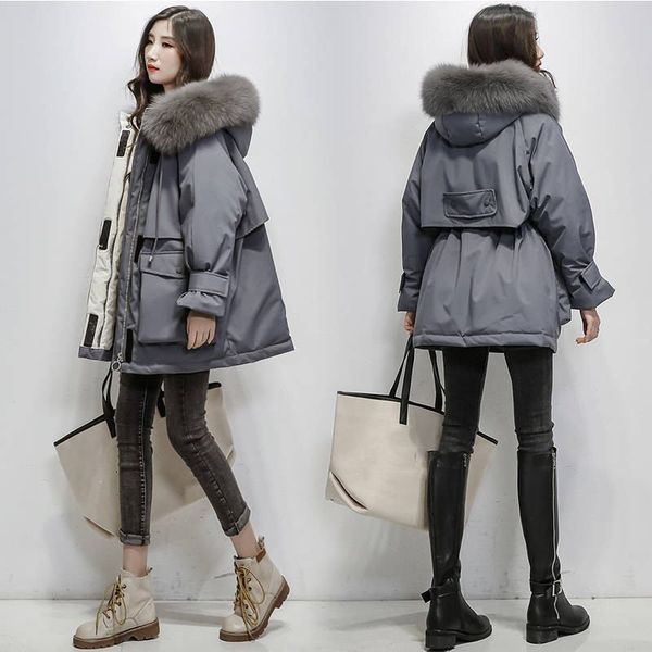 

2019 winter women real natural fur collar hooded down loose coat parka female thick warm white duck down oversize jacket l03, Black
