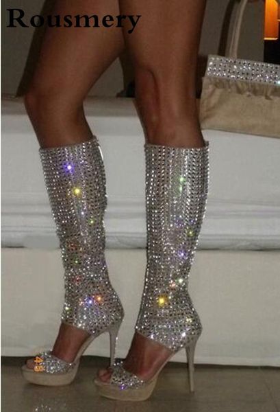 

summer brand women open toe rhinestone bling bling high platform gladiator boots cut-out knee high crystal heel boots, Black