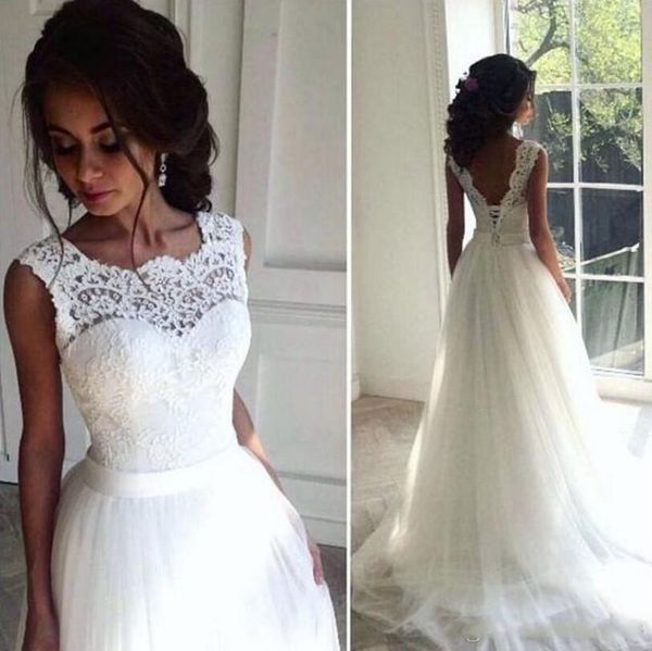 Discount Elegant Jewel Neck A Line Wedding Dresses Backless Lace