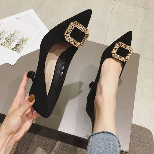 

high-heeled shoes female 2019 autumn new women's suede high-heeled shoes shallow mouth pointed fine wine glasses single, Black
