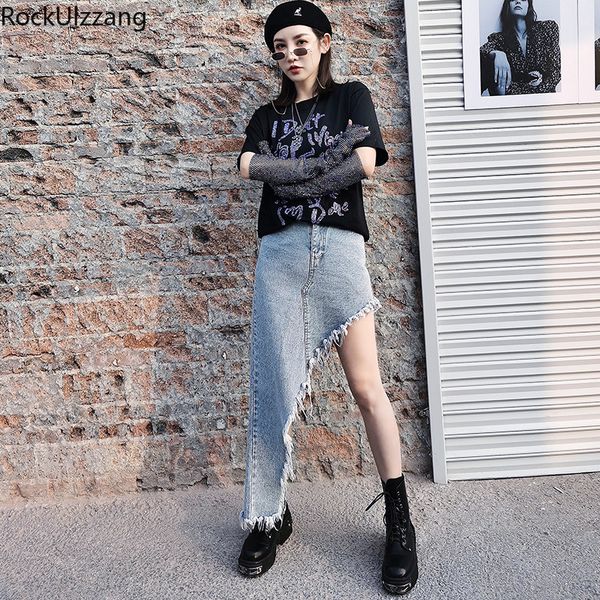 

high waist irregular ripped slim midi long hollow denim skirt women streetwear gothic destroyed jeans ladies fashion summer sexy, Black