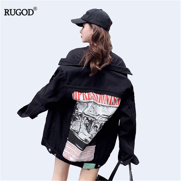 

rugod 2019 new autumn women black denim jacket back abstract pattern and letter print fashion loose slim coat high street casual, Black;brown