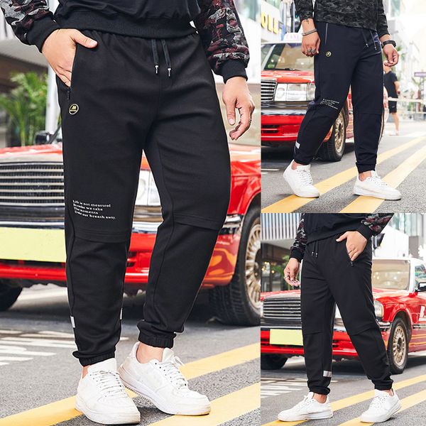 

men's casual pure color plus size pocket elastic belts loose sports pants pantalon hombre men casual pants men trousers, Black