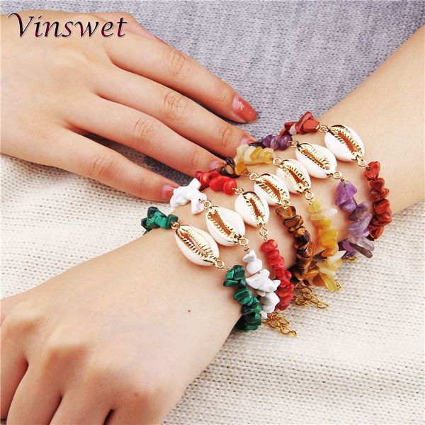 

vinswet 2019 summer beach boho shell bracelet conch sea natural stone gem chips shell seashell bracelets woman girl female, Silver