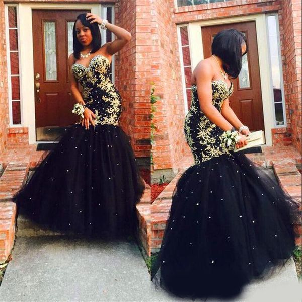 

gold appliques mermaid prom dresses sweetheart plus size crystal beaded party dress black evening gown custom made