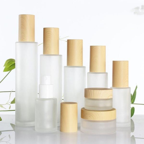 

30ml 40ml 60ml 80ml 100ml frosted glass cosmetic jar bottle face cream pot lotion spray pump bottles with plastic imitation bamboo lids
