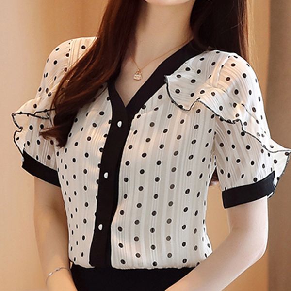 

short sleeve summer blouse women blusas mujer de moda 2020 ruffles v-neck dot white chiffon blouse shirt women clothes d07