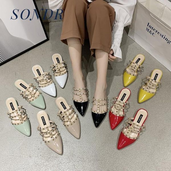 

2020 summer women elegant rivet pointed flat mule slippers female patent leather lazy flat sandals slides shoes new, Black