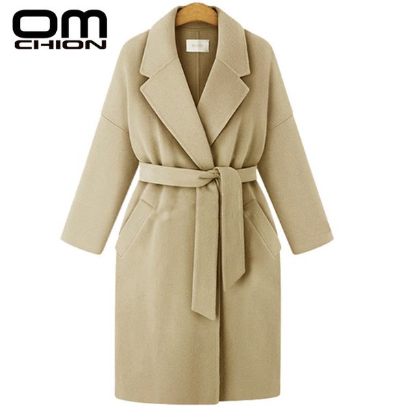 

omchion 2019 new autumn and winter jacket women windbreaker sashes women's long solid color casual woolen coat plus size lmj103, Black