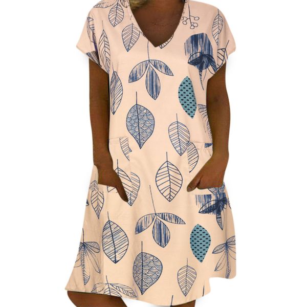 

women short sleeve v neck casual poket printed tunic dress knee holiday dress 3 color summer 2019 floral print dresses, Black;gray