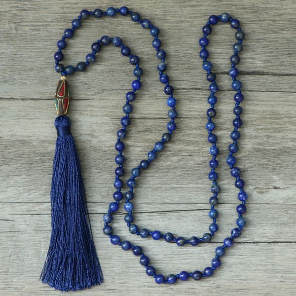 

edothalia fashion 6mm/8mm lapis lazuli stone beads necklace women girls nepal tassels pendant 108 mala necklaces bijoux gift j190711, Silver