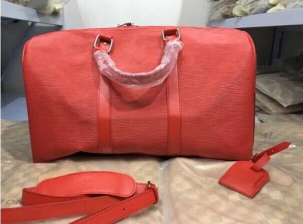 

designer-new travel duffle large 45x22x27cm leather bags hand luggage designer travel bag men handbags men pu bag cross totes women bod gnpn, Red;black