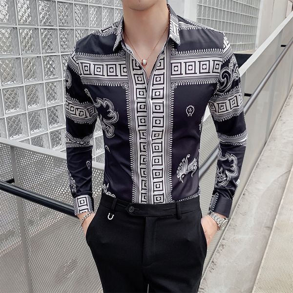 

autumn men's long-sleeved shirt korean version of the slim body handsome wild hair stylist night field men's personality flower sh, White;black