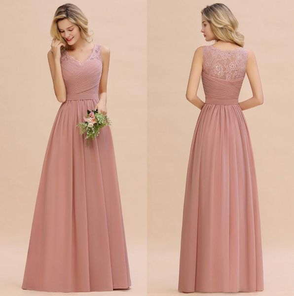 

dusty pink v neck chiffon long bridesmaid dresses 2020 sleeveless lace ruched floor length wedding guest maid of honor dresses cps1365, White;pink
