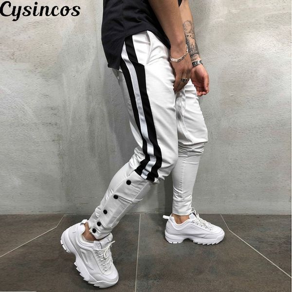 

cysincos new men's sweatpants side stripe hip track street wear skinny sweatpants elastic waist male casual trousers, Black