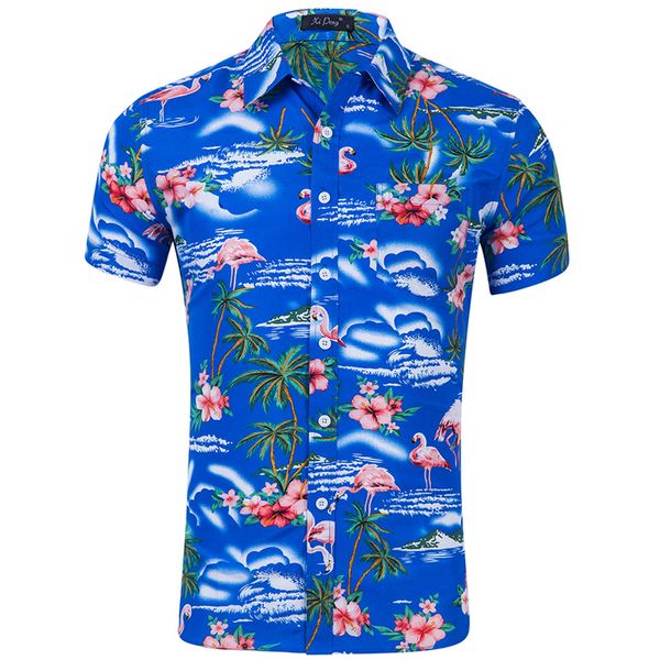 

men hawaiian shirt new 2020 summer male short sleeve palm tree flamingos beach party shirt cotton plus size camisas masculinas, White;black