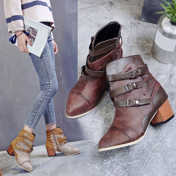 

women gladiator buckle strap ankle boots vintage ladies zip plus size woman heels autumn female pointed toe mixed color shoes, Black