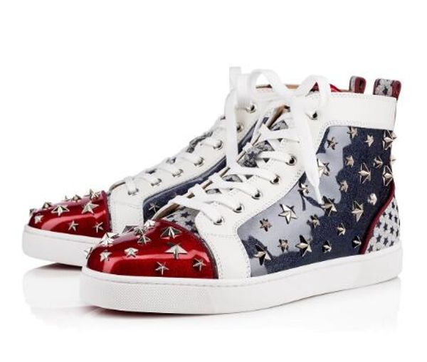 

brand designer wonder loustarspiked men's flat red bottom sneaker star spiked fashion shoes,blue patent leather denim 3d star rivets sh, Black