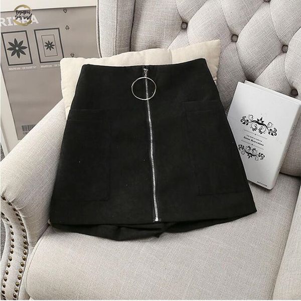 

2019 women skirt wide leg womens cotton blends skirts high waist front zipper short with pockets mini skirt, Black