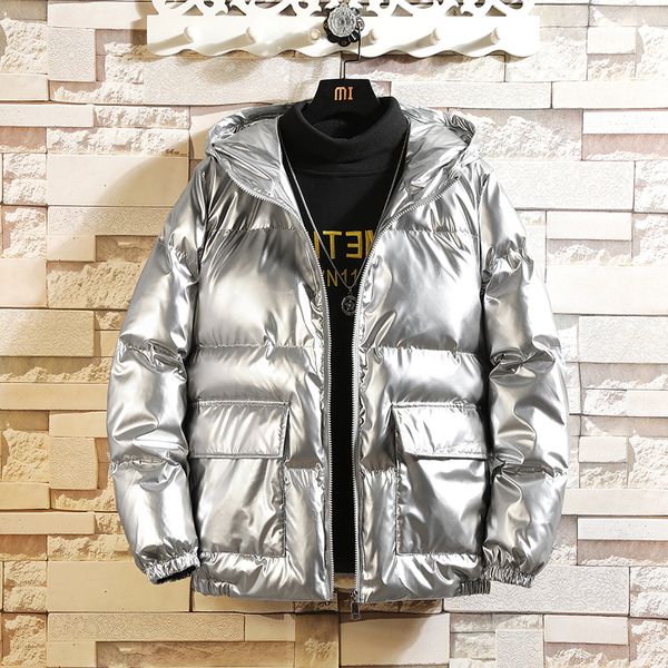 

silver bright jacket coat man winter warm thick cotton padded short parkas bread style fashion men's bomber hooded outwear 5xl, Black