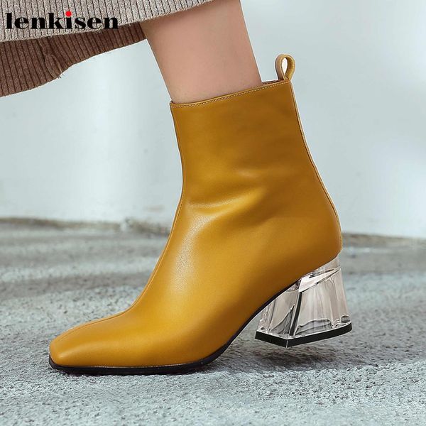 

lenkisen crystal heels genuine leather square toe high heels fashion solid sweet simple winter keep warm women ankle boots l87, Black