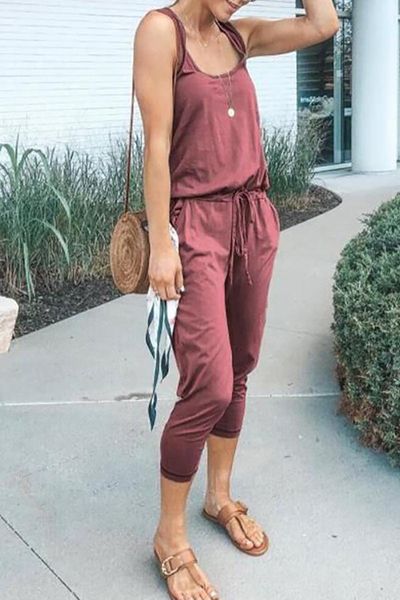 

cross-border new 4-color 2020 summer fashion strap lace-up pocket womens jumpsuit 101166, Black;white