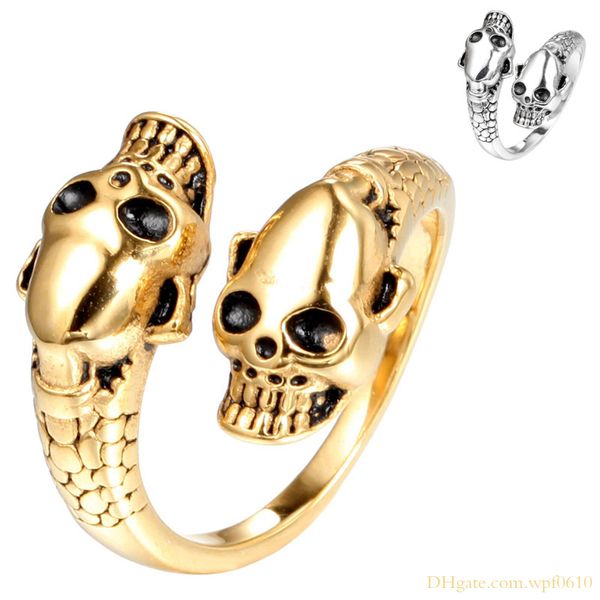

hio hop punk rock style double skulls design stainless steel finger rings jewelry for men, Silver