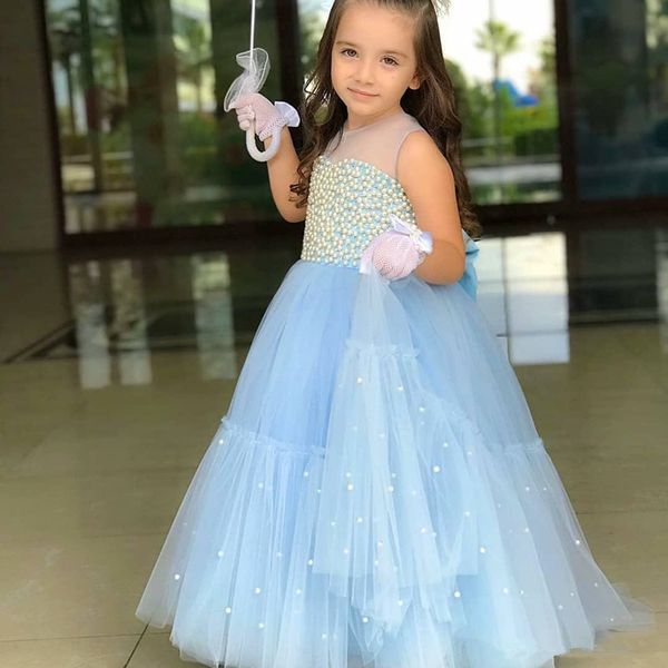 

girl's dresses pearls o-neck flower girls' for weddings light sky blue tulle communion dress birthday party gowns, Red;yellow