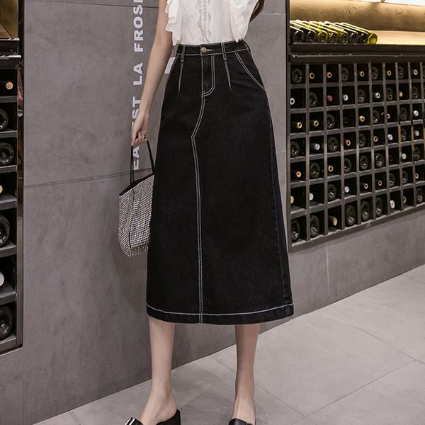 

плюс размер 5xl жан юбки женская омывается cowboy повседневный высокой талией pocket office lady vintage sexy black denim длинная юбка