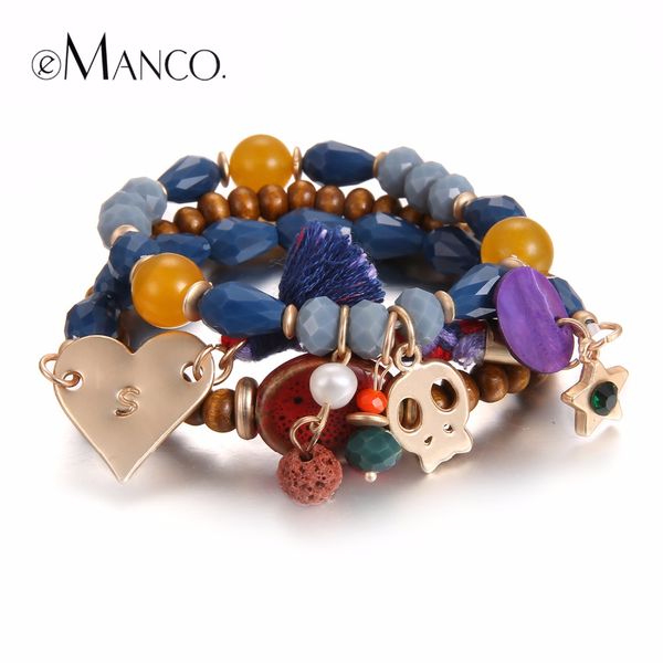 

emanco trendy bohemia tassel multi-layers bracelets for women blue crystal skull star & heart charms bracelets jewelry, Golden;silver