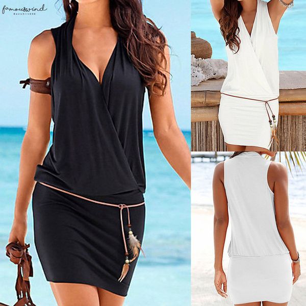 

2020 womens casual sleeveless party beach mini dress beach sun v neck dress celebrities brief solid fashion dress, Black;gray