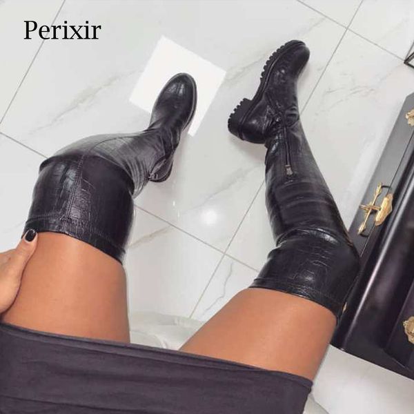 

leather women boots over the knee boots platform female 2019 new autumn winter block heels shoes woman, Black