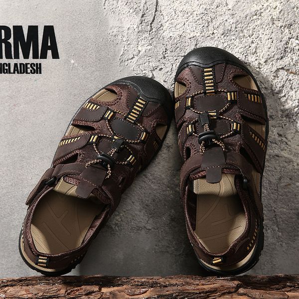 

weweya big size 38-48 brand genuine leather shoes men summer new water sandals men beach sandals fashion male slippers, Black